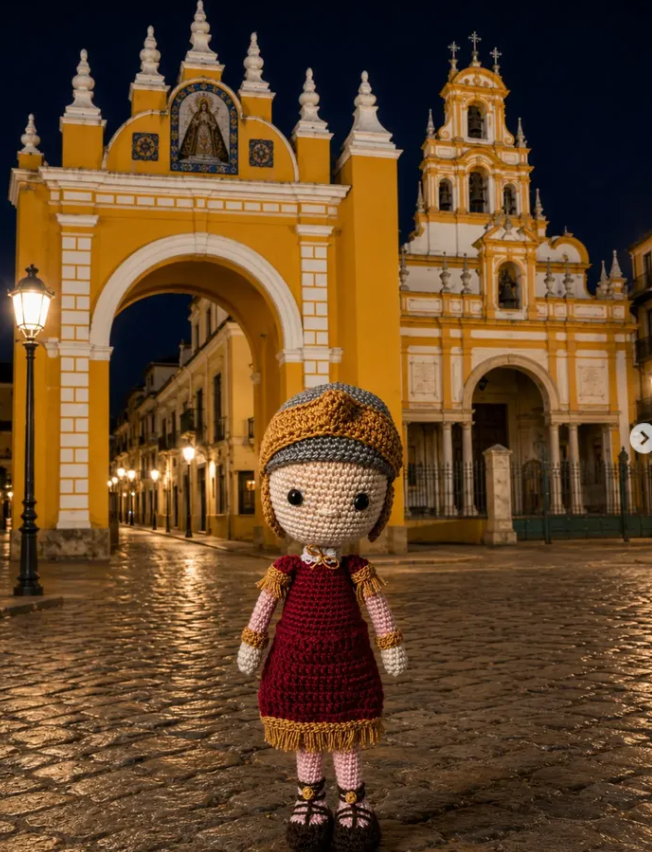 Muñeca amigurumi frente a un arco iluminado de noche
