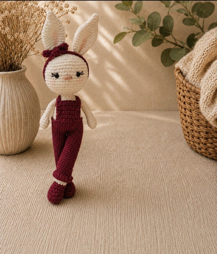 Conejita amigurumi con peto granate