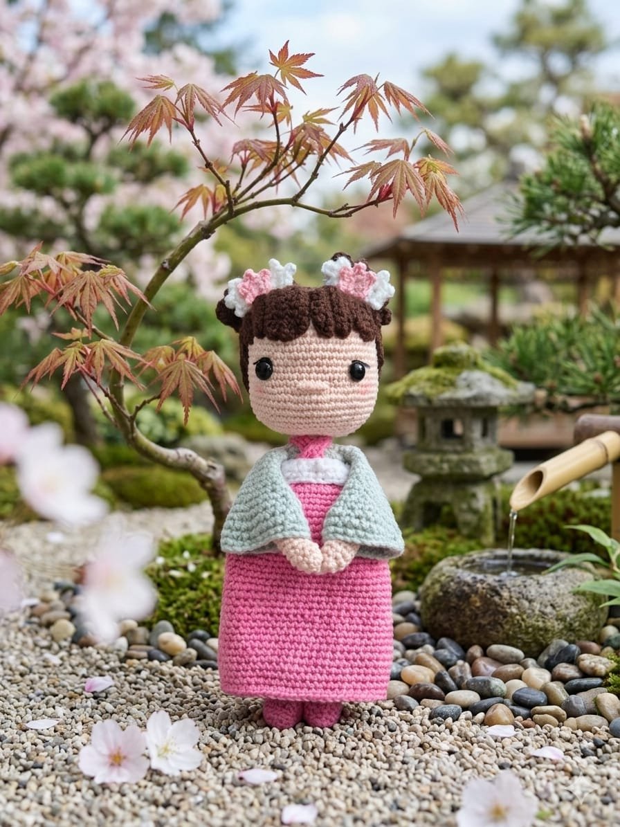 Muñeca amigurumi con kimono rosa en un jardín japonés