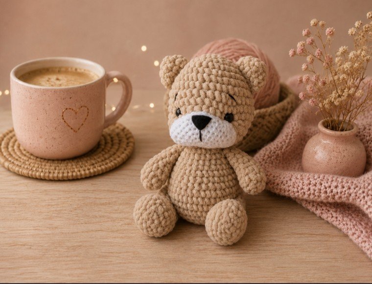 Osito amigurumi beige junto a una taza